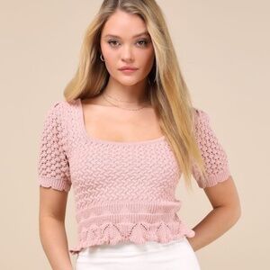 Lulus Lucky Cutie Dusty Pink Crochet Short Sleeve Sweater Top - Size M